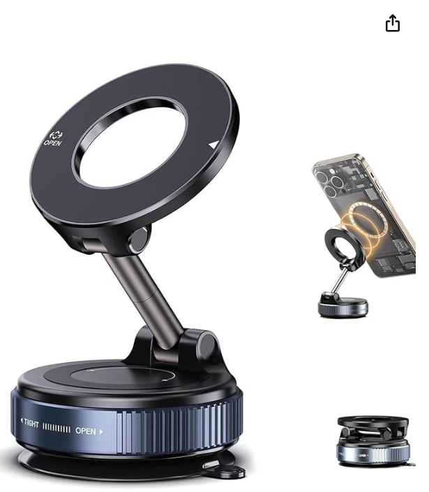 Vacuum Magnetic Phone Holder, 360° Adjustable Magnetic Car Mount, Foldable Portable Suction Cup Cell Phone Mount for Car/Gym/Mirror/Shower, Compatible with All Smartphones & All Car Models
