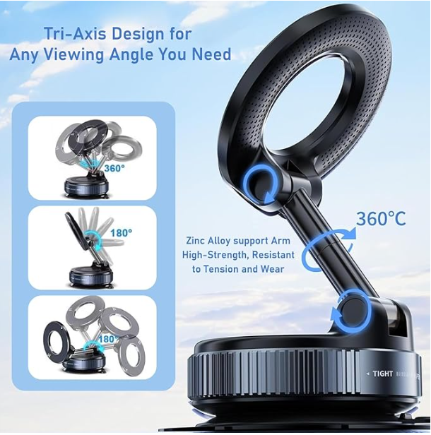 Vacuum Magnetic Phone Holder, 360° Adjustable Magnetic Car Mount, Foldable Portable Suction Cup Cell Phone Mount for Car/Gym/Mirror/Shower, Compatible with All Smartphones & All Car Models