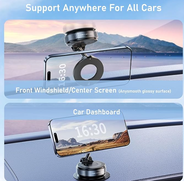 Vacuum Magnetic Phone Holder, 360° Adjustable Magnetic Car Mount, Foldable Portable Suction Cup Cell Phone Mount for Car/Gym/Mirror/Shower, Compatible with All Smartphones & All Car Models