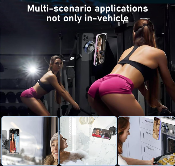 Vacuum Magnetic Phone Holder, 360° Adjustable Magnetic Car Mount, Foldable Portable Suction Cup Cell Phone Mount for Car/Gym/Mirror/Shower, Compatible with All Smartphones & All Car Models