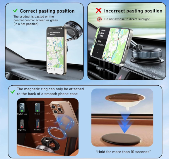 Vacuum Magnetic Phone Holder, 360° Adjustable Magnetic Car Mount, Foldable Portable Suction Cup Cell Phone Mount for Car/Gym/Mirror/Shower, Compatible with All Smartphones & All Car Models
